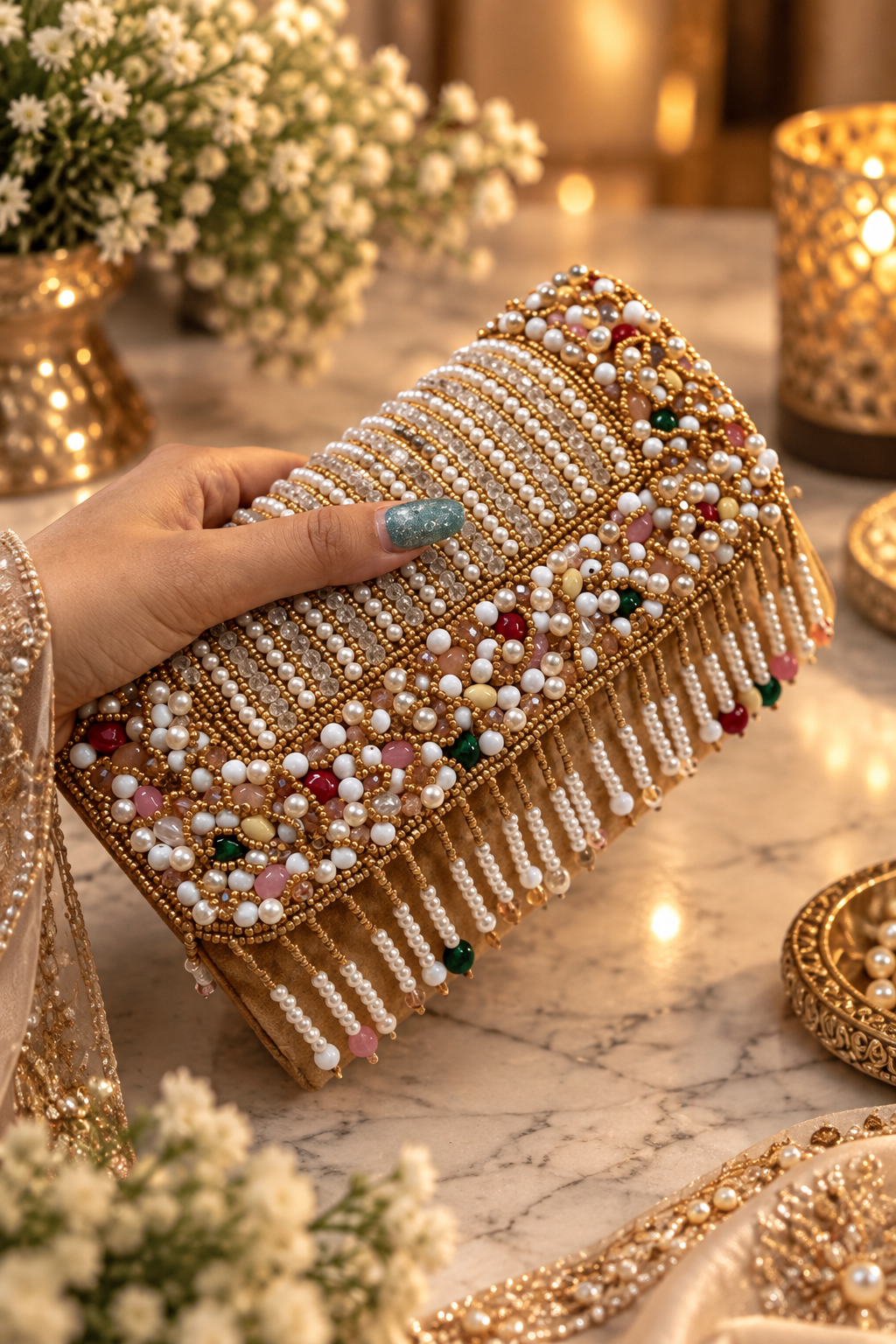 Pearl Cascade Embellished Gold Clutch