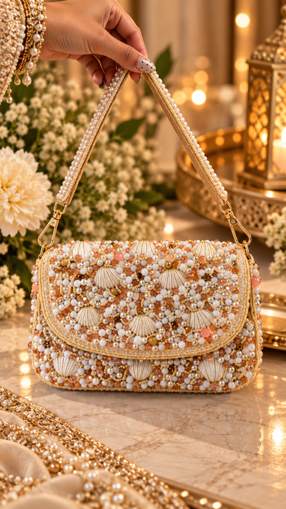 Pearl Shell Cascade Embellished Handbag- gold