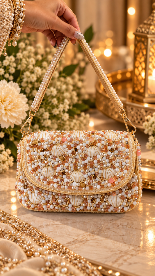 Pearl Shell Cascade Embellished Handbag- gold