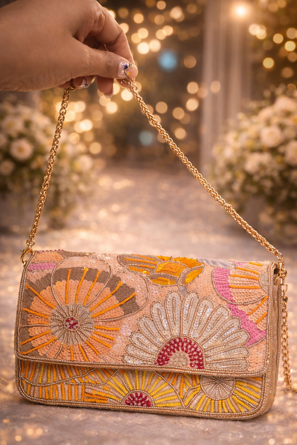 Soft peach Floral Embellished Bag