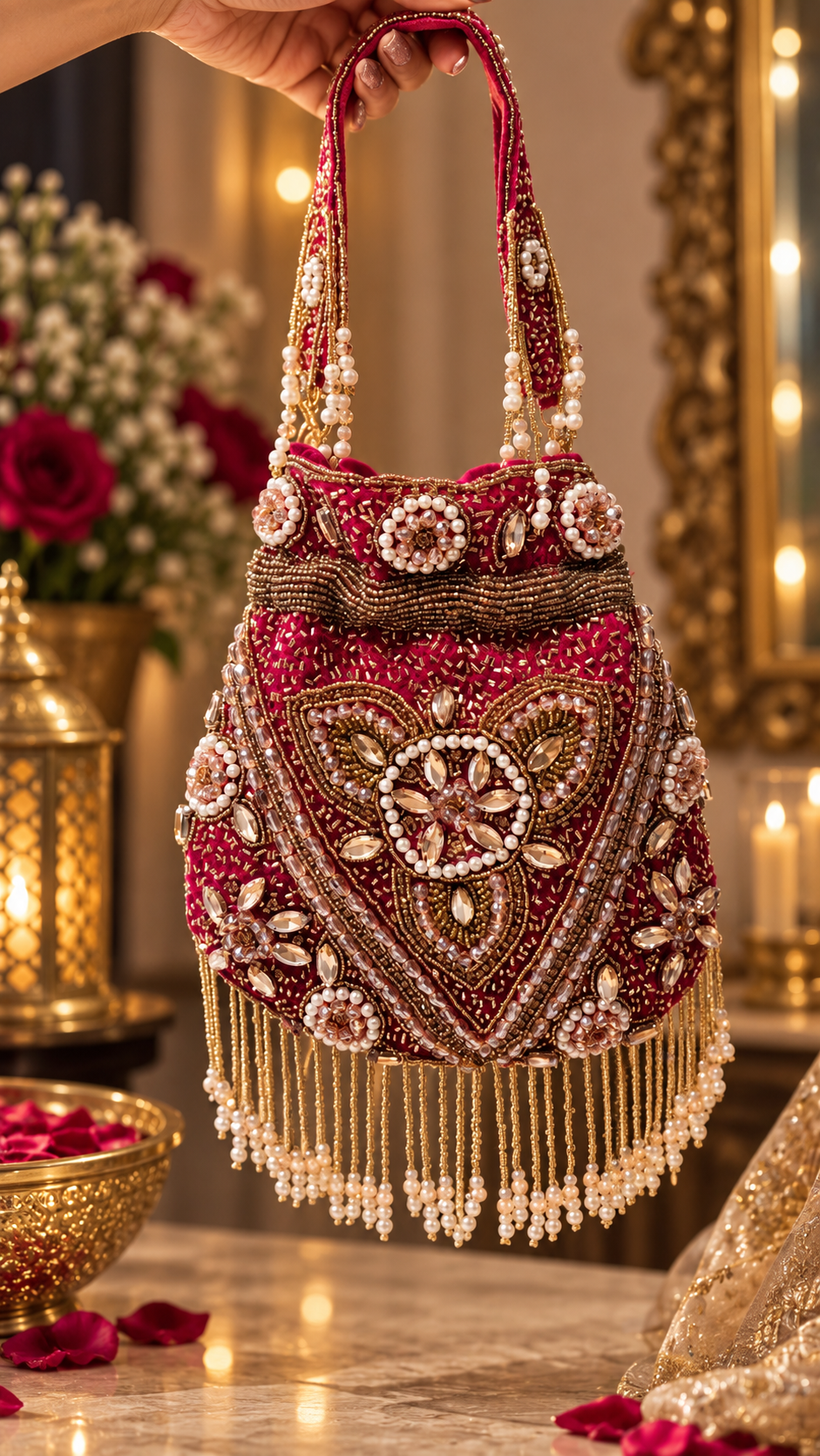 Pearl & Crystal Embellished Bridal Potli Bag