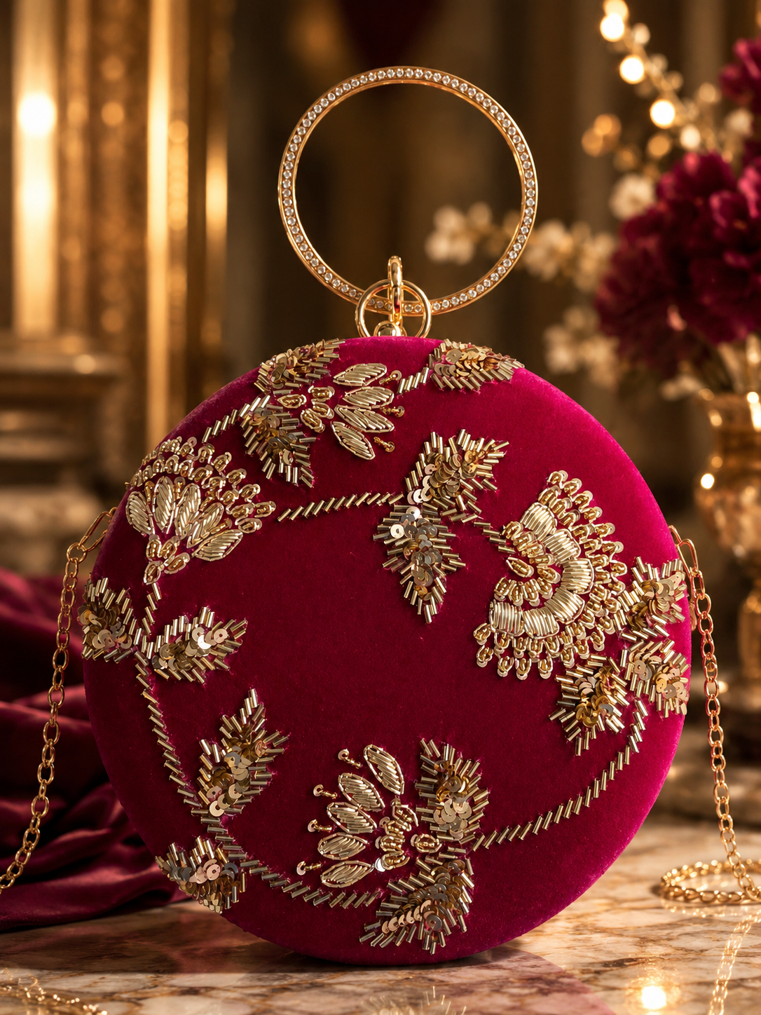 Round Embellished Velvet Clutch – Pink