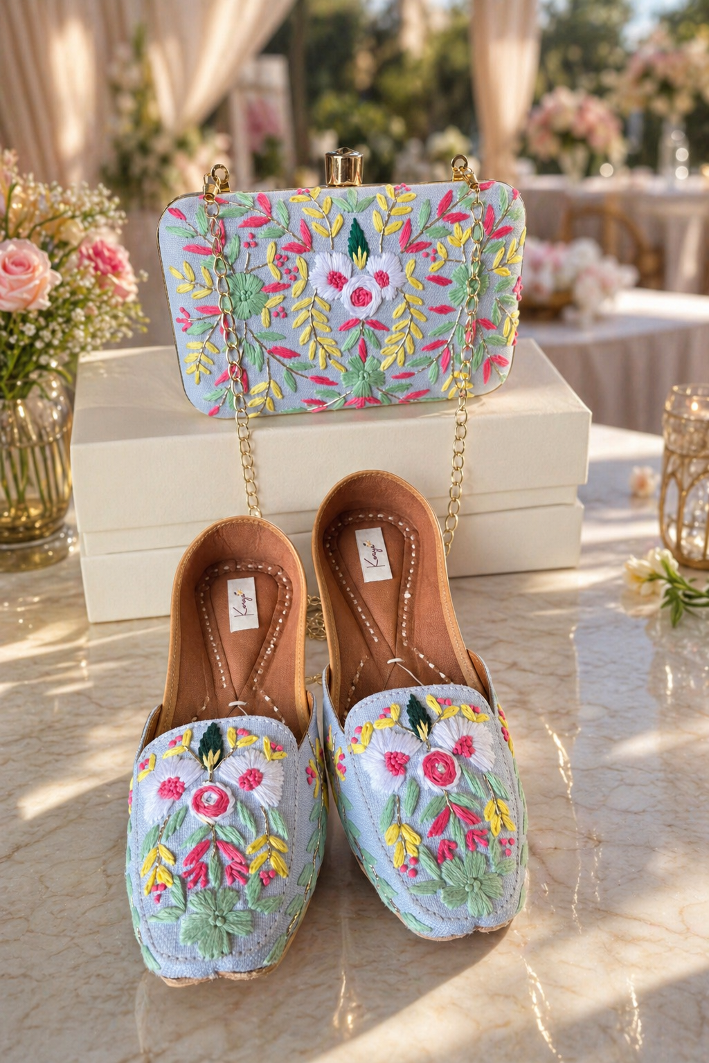 Pastel Bloom Embroidered Jutti & Clutch Bag Combo