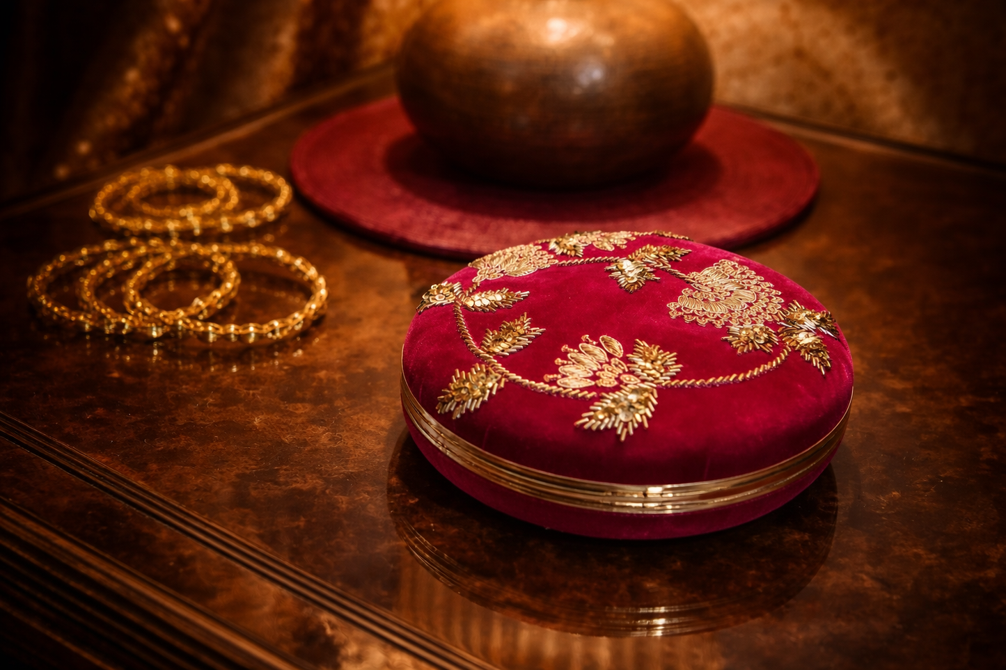 Round Embellished Velvet Clutch – Red