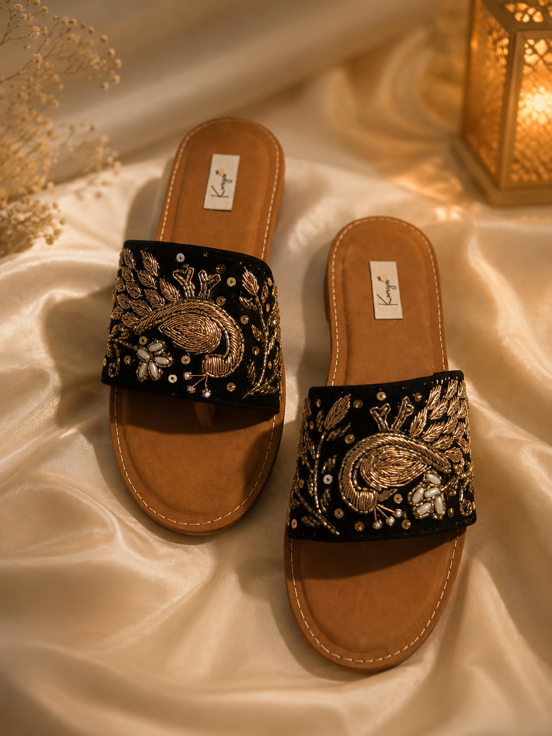 Komya Noor Embellished Sandals – Black & Gold